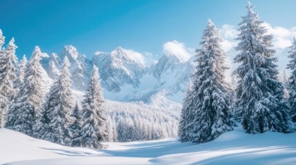 Snowy mountain valley with fir trees
