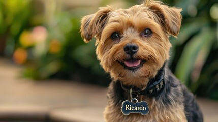 A dog wearing a custom name tag labeled "Ricardo" in a playful environment.