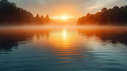 Naklejka premium Sunrise On Calm River With Mist