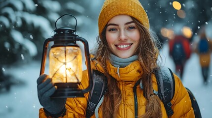 Optimistic Volunteer Holding Glowing Lantern During Nighttime Charity Walk