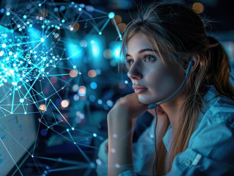 Woman wearing a headset is looking at a computer screen with a blue background