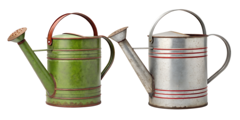 Rustic Vintage Metal Watering Can with Two Unique Styles for Outdoor Gardens, PNG Transparent