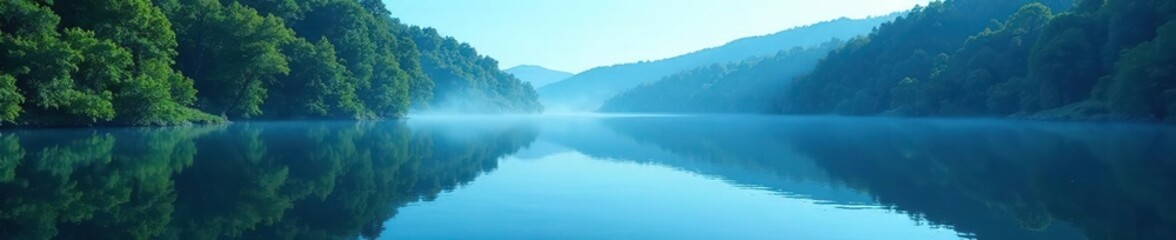 Obraz premium Calm and serene blue water with forest trees reflected, blue, peaceful