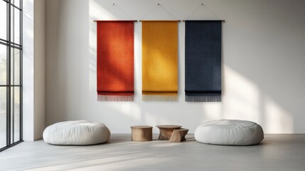 Modern wall hangings add vibrancy to minimalist studio interior design