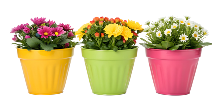 Stylish Colorful Flower Pots in Three Variations for Brightening Interiors, PNG Transparent