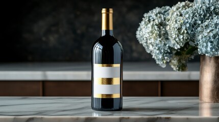 Fototapeta premium Elegant High-End Wine Bottle on Marble Counter with Flowers