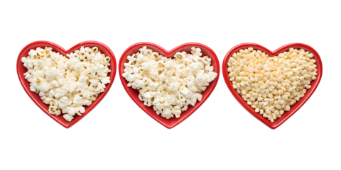Fresh Popcorn in Red Heart-Shaped Bowl in Three Different Styles for Snacking, PNG Transparent