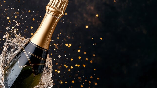 Elegant Champagne Bottle Splashing with Bokeh Lights in Background