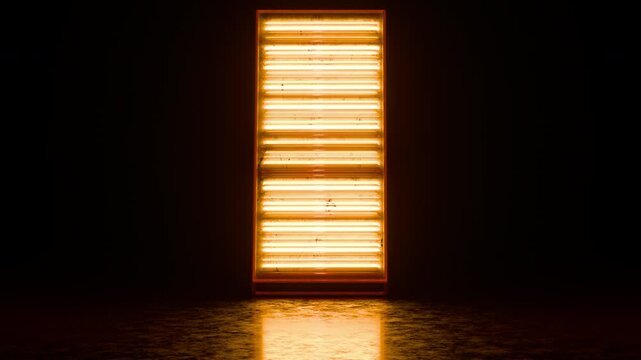 A vertical panel of neon lights flashing in a seamless loop on a reflective surface against a black background with space for titles, text or logos.

