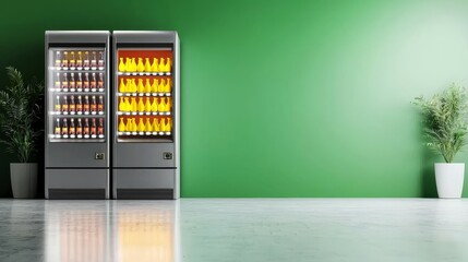 April Fools Day and humor concept. Modern vending machines in a minimalist space with green wall and potted plants.