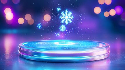 Obraz premium Winter Product Showcase: Glowing Snowflake on Neon Platform for Holiday Marketing