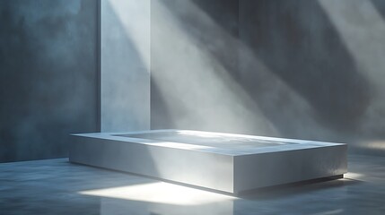 Bathtub embedded in a platform of light surrounded by minimal concrete designs on modern room background