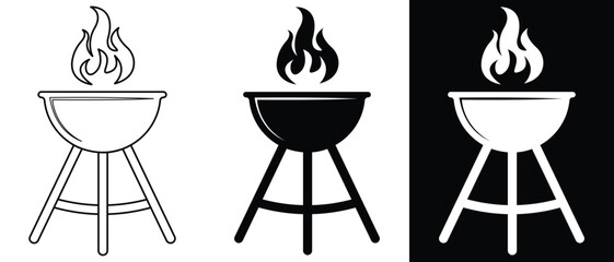 Grill icon.grill barbecue cook flame icon. BBQ with flame icon, Grill sign meat and food icon, Barbeque symbol. BBQ with lattice. Barbecue with cover and smoke. Black silhouette BBQ grill. 