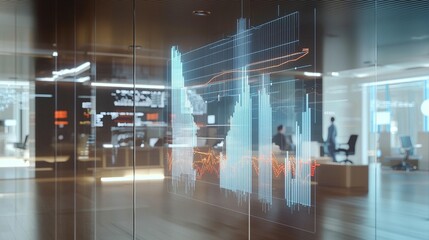 Modern office interior with large glass wall displaying financial data charts and graphs.