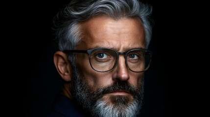 Fototapeta premium Mature man, serious gaze, dark background, studio portrait, professional headshot
