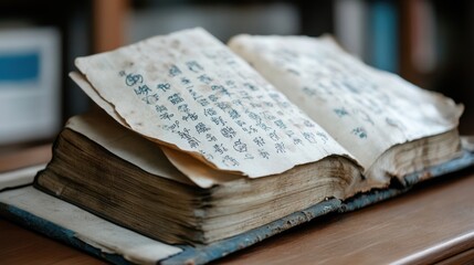An aged open book with inked script, offering a glimpse into a world captured by ancient words.