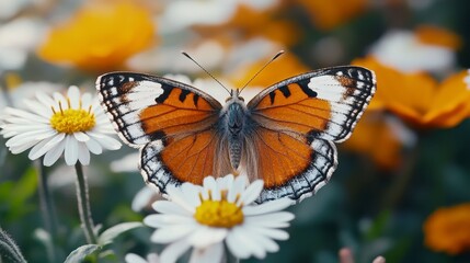 Naklejka premium Orange butterfly on daisies, garden, nature, spring, wildlife photography