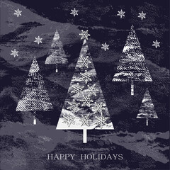New Year card with snow-covered fir trees and snowflakes. Vector illustration.