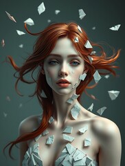 Portrait of Woman with Paper Shards and Flowing Red Hair