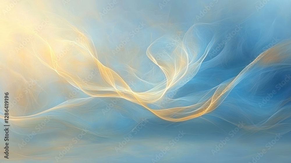Poster abstract swirling patterns of soft blue and golden hues creating a serene atmosphere