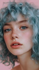 A pretty young girl with curly blue hair. Close-up portrait. She looks at the camera. The background is pink.
