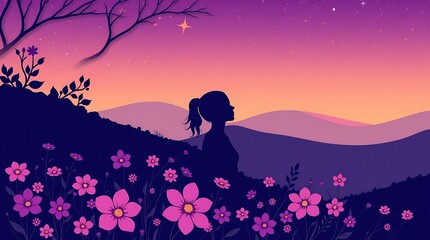 Silhouette of Woman Enjoying Pink Flower Field at Twilight
