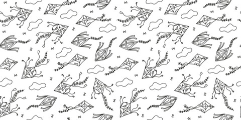 Pattern kites flying in the sky, in the clouds. Hand drawn icon, doodle. Kite. Line drawing, sketch. Seamless background.