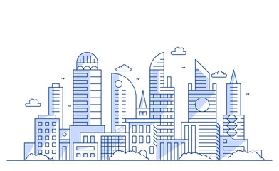 Obraz premium City landscape with buildings. Towers and buildings in modern flat style. Outline graphic. Line urban backdrop.Line modern urban big city panorama. Outline stroke cityscape skyscrapers illustration.