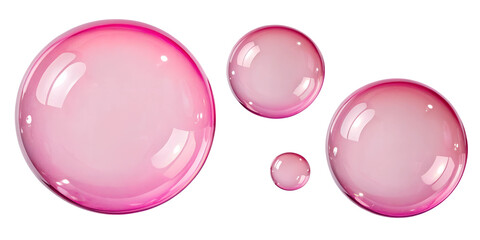 Three Different Shiny Pink Bubbles on White Background for Playful Visuals, PNG Transparent