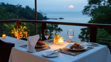 An intimate candlelit dinner for two overlooking a serene ocean view, set with fine dining elegance and romantic ambiance.