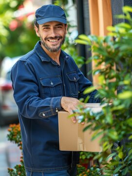 Smiling man wearing a blue jacket and hat is holding a brown cardboard box