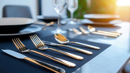 Innovative expandable cutlery sets on a dining table bright lighting realistic presentation side view modern functionality