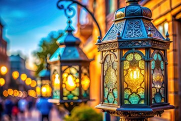 Obraz premium Macro Urban Lantern Photography, Blue Sky Background, Close-up Detail, Street Light, Cityscape, Outdoor Lighting