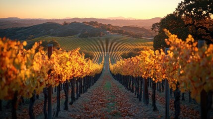 Fototapeta premium Autumn sunset illuminates a picturesque vineyard landscape with vibrant orange leaves and rolling hills in warm golden hues.