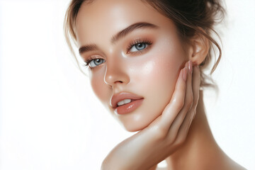 Obraz premium Elegant woman with flawless skin and glamorous makeup in a studio close-up