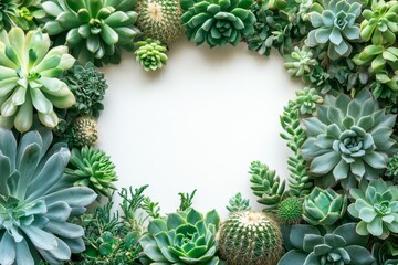 Fototapeta premium Variety of vibrant green succulents and cacti arranged in a circular frame on a clean white backdrop, offering space for text or design