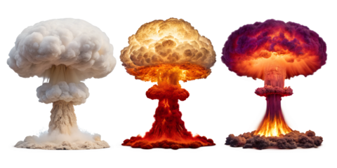Dramatic Nuclear Explosions on White Background in Three Unique Styles, PNG Transparent