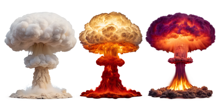 Dramatic Nuclear Explosions on White Background in Three Unique Styles, PNG Transparent