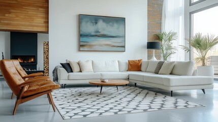 A cozy living room featuring a white couch, a chair, and a fireplace, creating a warm and inviting atmosphere for relaxation and gatherings.
