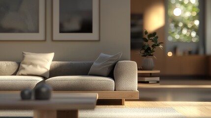 Fototapeta premium Serene Modern Living Room Interior Design: Sunlight Bathes Minimalist Sofa and Wooden Coffee Table