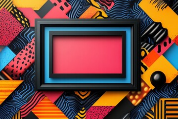 Vibrant and colorful abstract background showcasing a central empty space framed by a bold black border, surrounded by dynamic geometric shapes and patterns