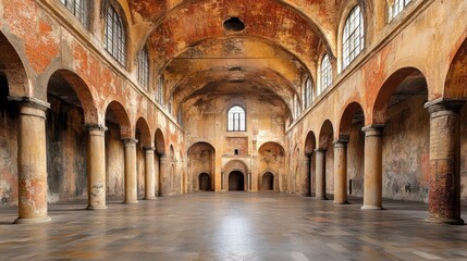 A spacious room featuring tall columns and an arched ceiling, showcasing architectural elegance and grandeur.