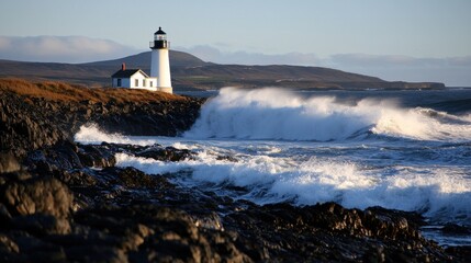 Scenic lighthouse on rocky coastline with crashing waves and distant hills under clear sky