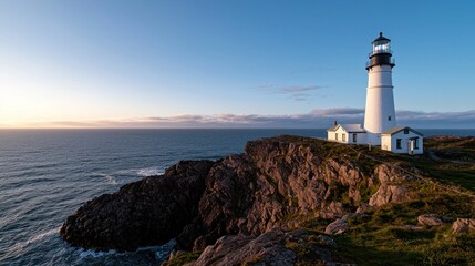 Naklejka premium Scenic lighthouse standing on rocky coastline at sunset with calm ocean waves in background