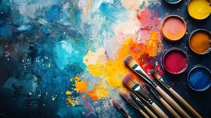 Fototapeta premium Painting with a variety of colors and brushes on a table. The painting is a mix of blue, yellow, and red colors. The mood of the painting is vibrant and lively