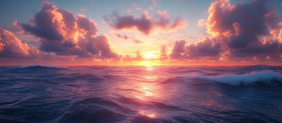 Vibrant sunset over a calm ocean with colorful clouds.