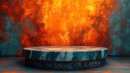 Fototapeta premium Intense fiery backdrop illuminates elegant marble platform. AI Generated
