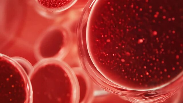 A highly detailed 3D-rendered visualization of red blood cells flowing through a blood vessel, representing advanced medical science, circulation, and biotechnology research.  

