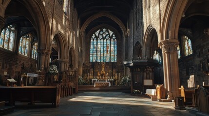 Fototapeta premium Visiting Ancient Church Interior with Stained Glass Windows and Stone Arches