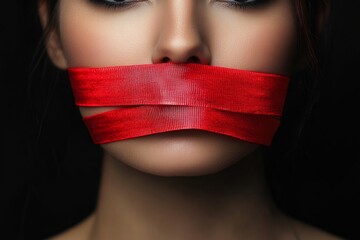 Close-up of a woman with a red ribbon covering her mouth, representing censorship, freedom of speech, and the suppression of voice
